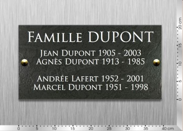 Catte plaque mesure 40x20cm , elle est livrée avec les vis pour fixer sur le monument funéraire.