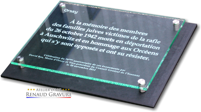 Plaque d'inauguration en verre et ardoise