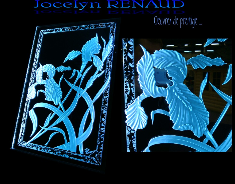 Tableaux en miroir sculpt&eacute; et &eacute;clair&eacute; - cadre lumineux - sculpture sur verre - sculpture sur verre